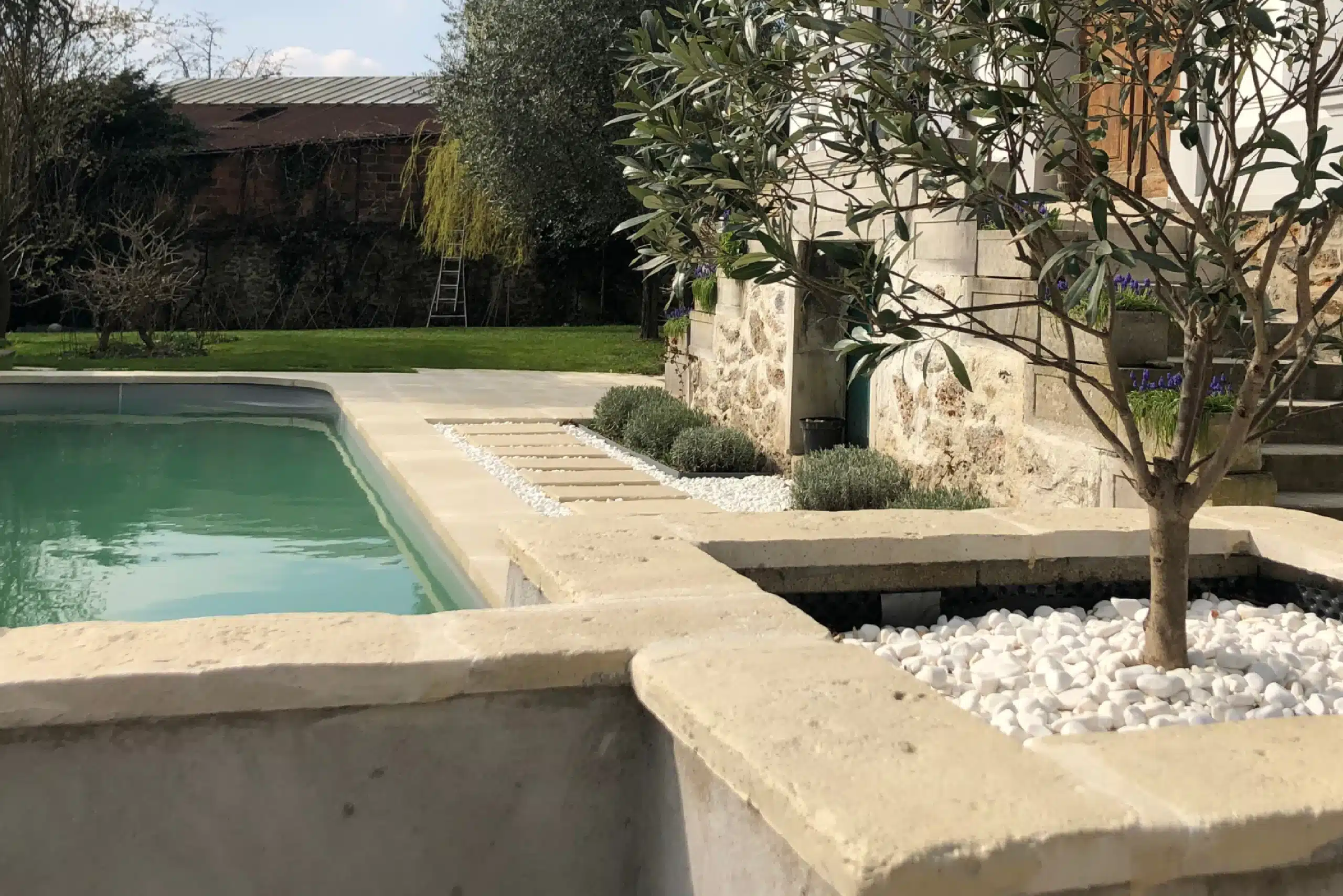 Margelles Rouvière Collection dans un jardin provençal avec olivier et mas, contours de piscine pierre naturelle, margelles durables et élégantes, aménagement extérieur authentique, style méditerranéen, margelles résistantes et haut de gamme, pierre aspect naturelle Rouvière Collection