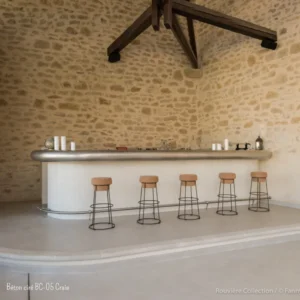 Béton ciré BC-05 Craie - Sol en béton ciré gris devant comptoir dans une salle de réception, Rouvière Collection