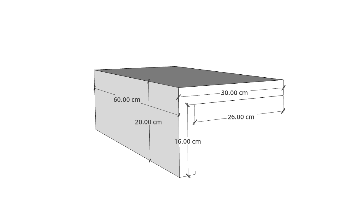 Plan 3D Margelle en L Silk 60×30 cm Rouvière Collection, visualisation technique pour angles et contours de piscine, terrasses et aménagements extérieurs modulables